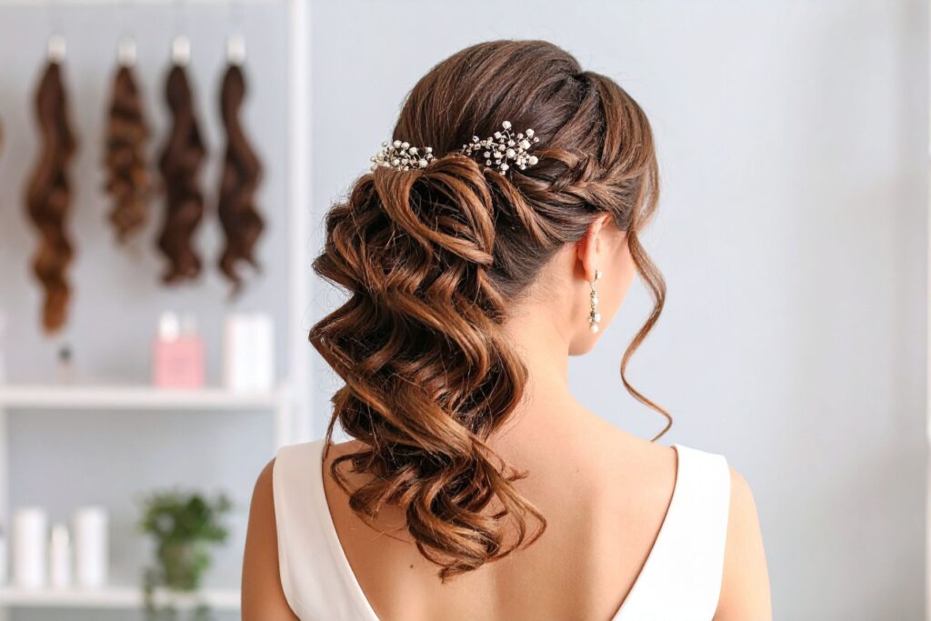 Romantische festliche Frisur mit Locken, geflochtenen Strähnen und Strass-Haarschmuck.